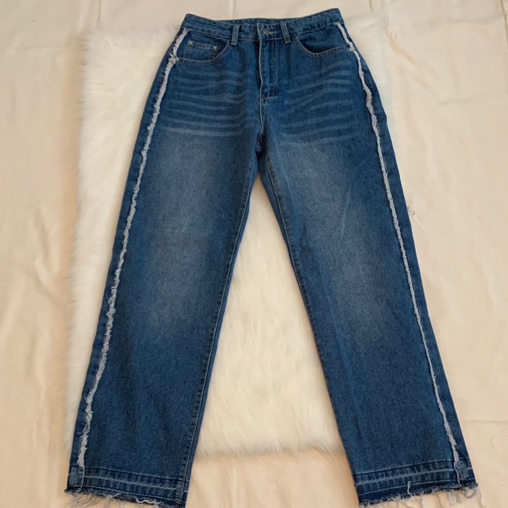 High Rise Blue Jeans Frayed Sides Trendy Womens Small